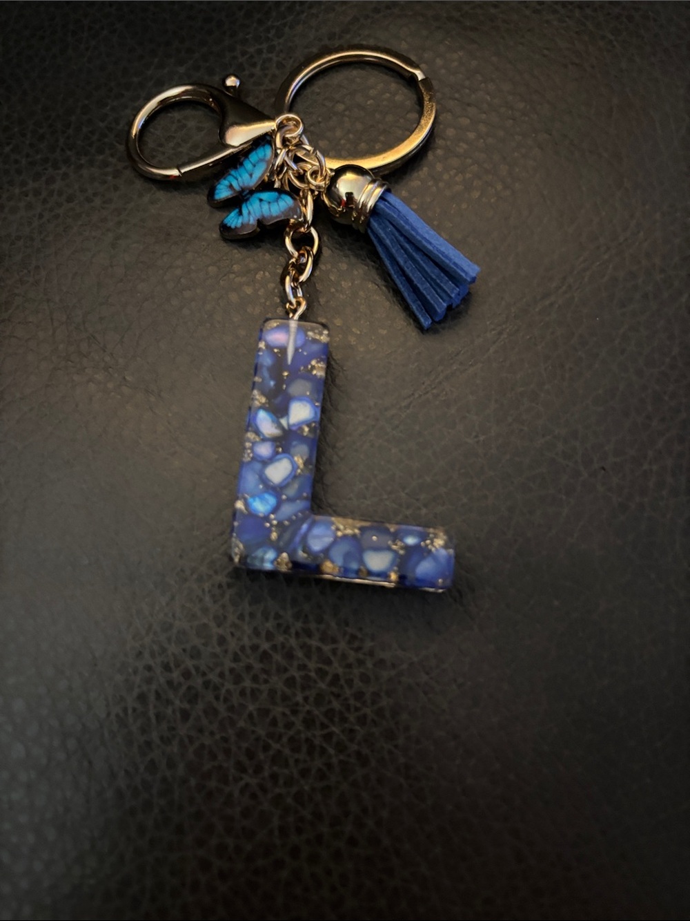 Handmade Blue & Gold Resin Initial "L”Keychain with Tassel & Butterfly Charm🦋